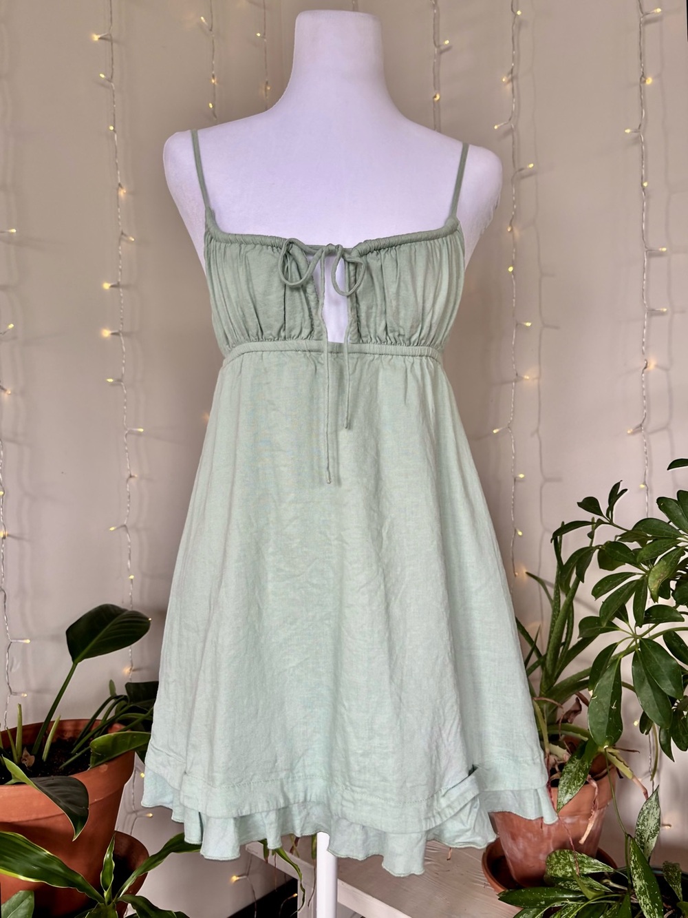Princess Polly Sage Green Linen Blend Babydoll Micro Mini Dress Tie Front - Picture 7 of 11
